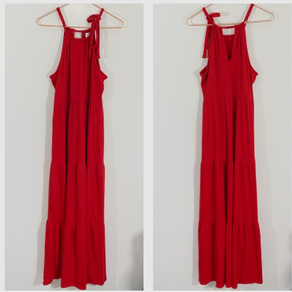 Stitch Fix Gilli NWT Medium Red Tiered Ribbed Knit Midi Dress Bow‎ Detail Flowy